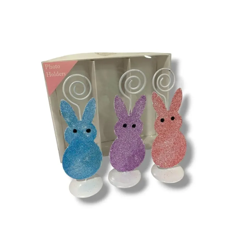 Glitter Bunny Place Card Photo Holder Box of 3 New Blue Purple Pink 4.5